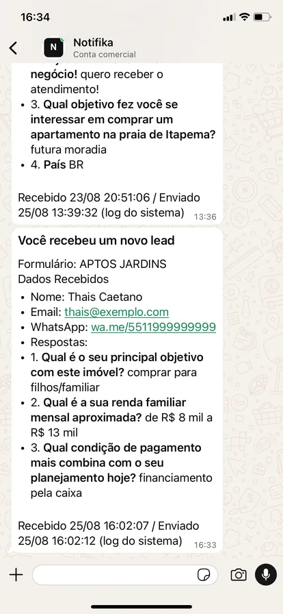 Mensagem do Notifika com os dados de um novo lead no WhatsApp