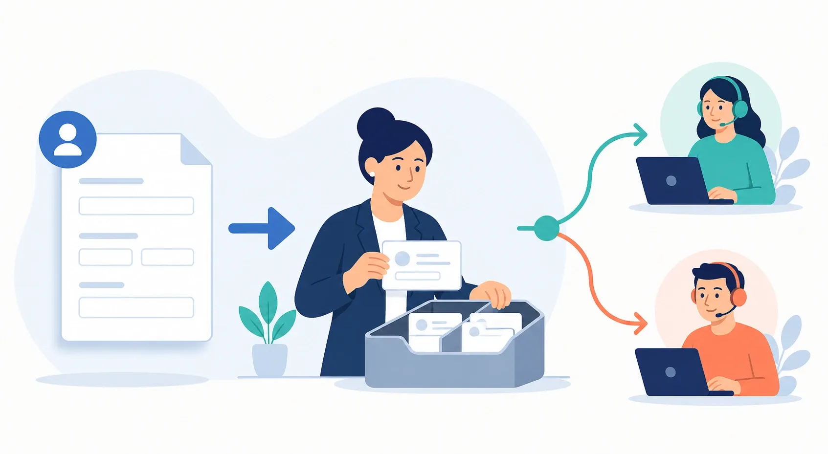Ilustração de um formulário passando por triagem e sendo encaminhado a dois atendentes