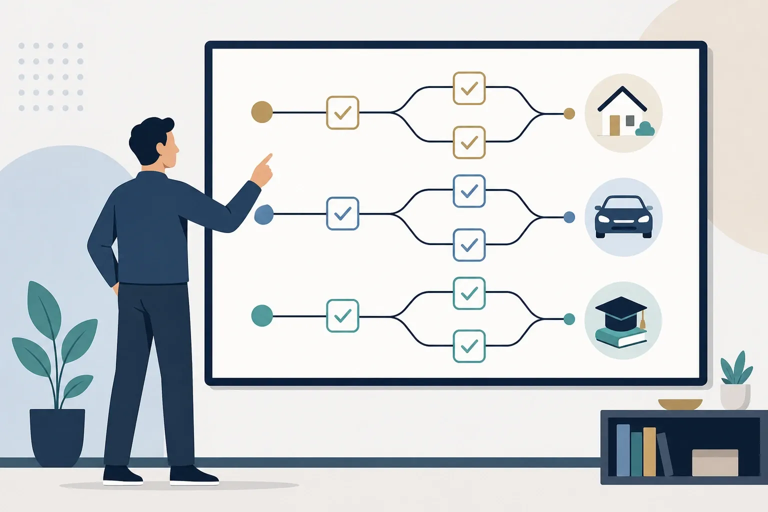 Ilustração de uma pessoa revisando três caminhos de um formulário para imóvel, carro e faculdade