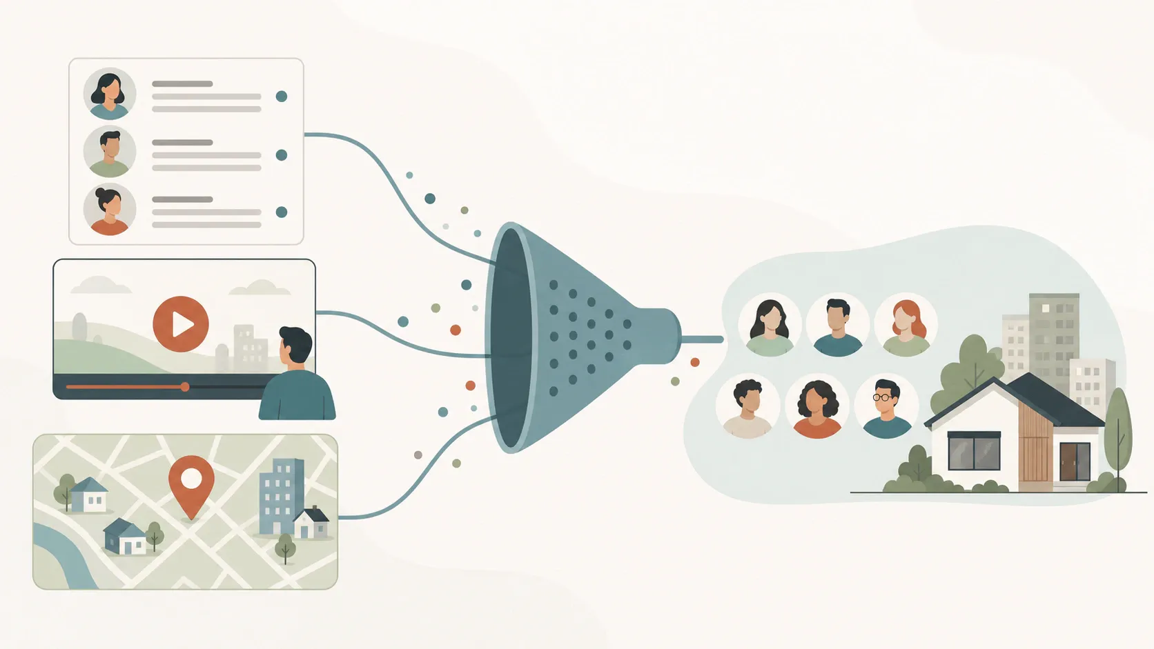 Ilustração de uma lista de clientes, uma visualização de vídeo e uma localização convergindo por um filtro para contatos associados a uma oferta imobiliária