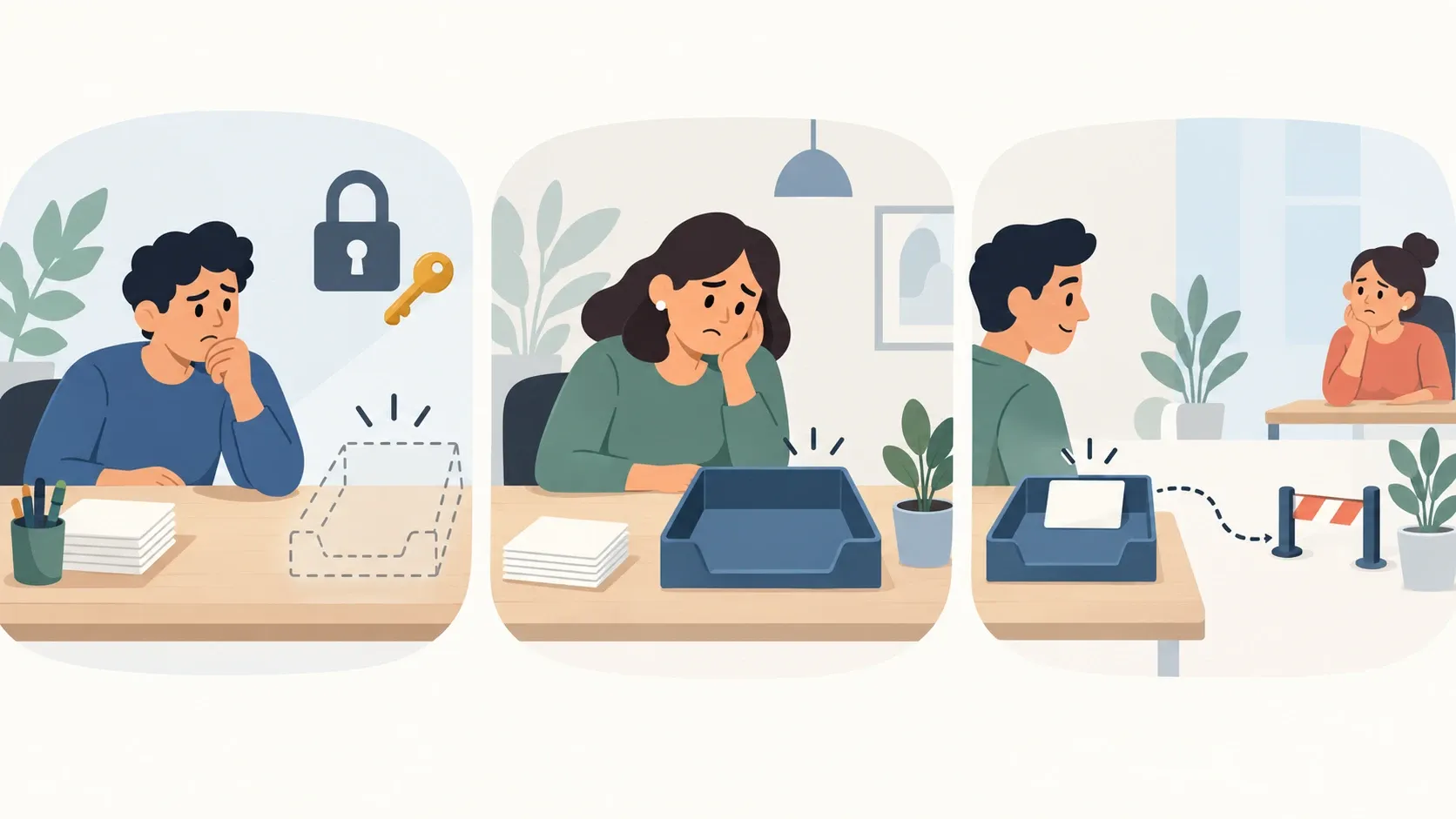 Ilustração de três situações no atendimento de leads: Central ausente, Central vazia e cadastro localizado antes do repasse ao vendedor.