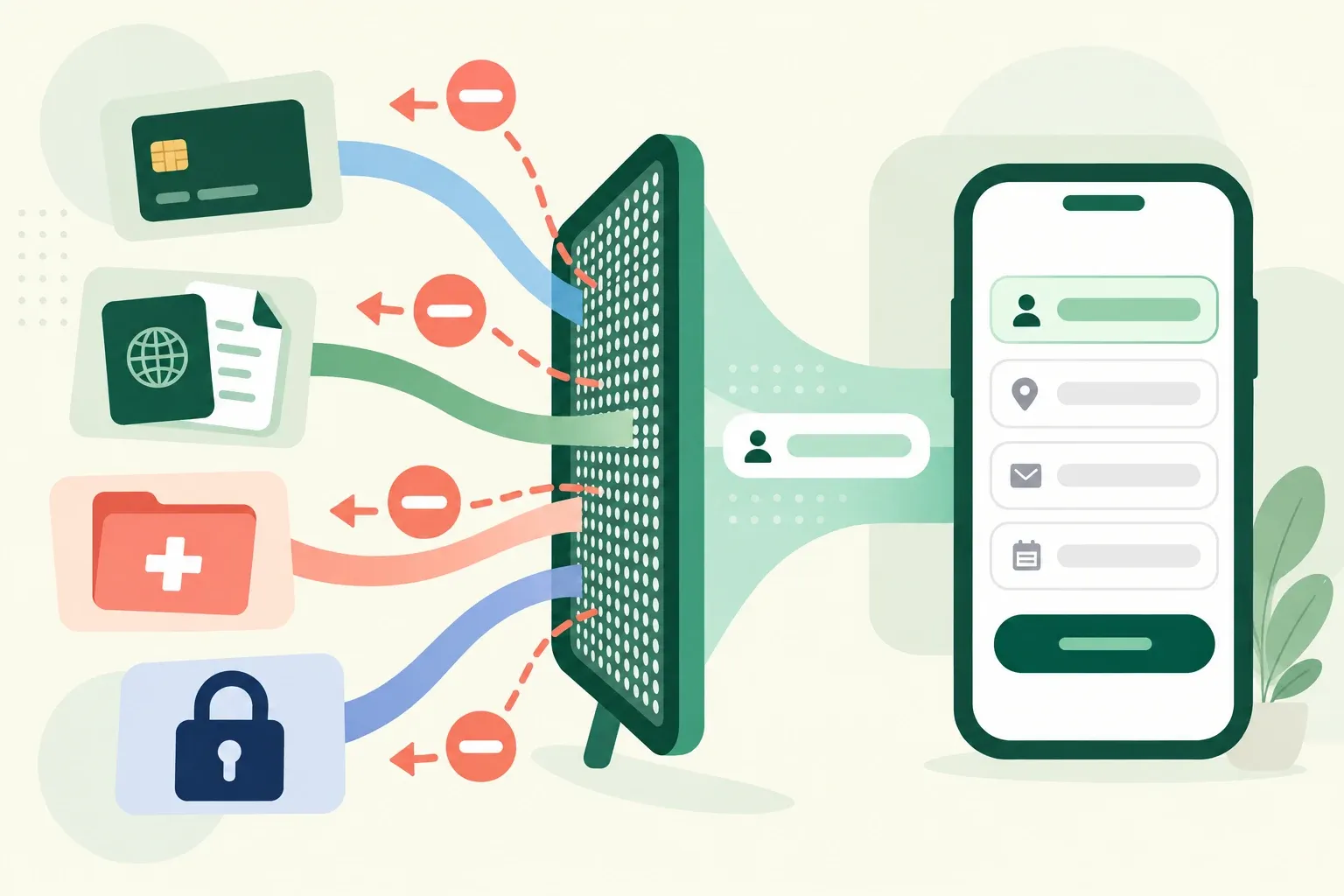 Categorias de informações financeiras, documentos, saúde e acesso sendo filtradas antes de um formulário instantâneo